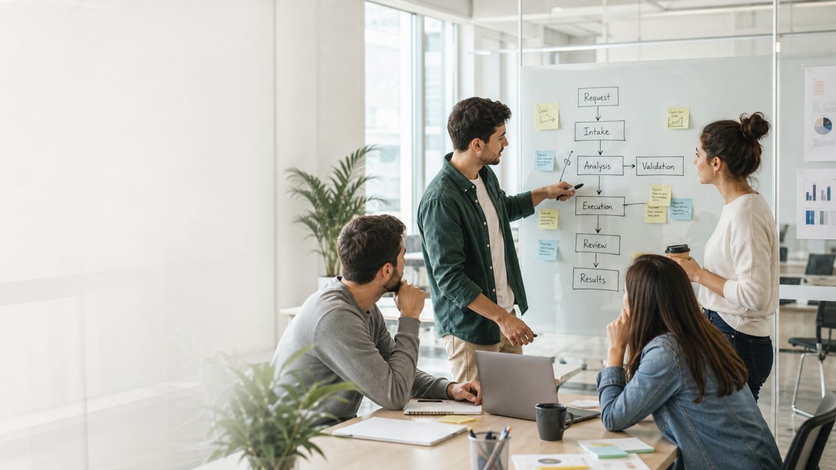 Team mapping a workflow on a glass board